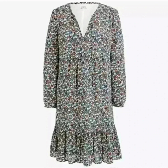 J.Crew Long Sleeve Floral Drop Waist Dress with Ruffle & Front Tie Size Small - Picture 2 of 10